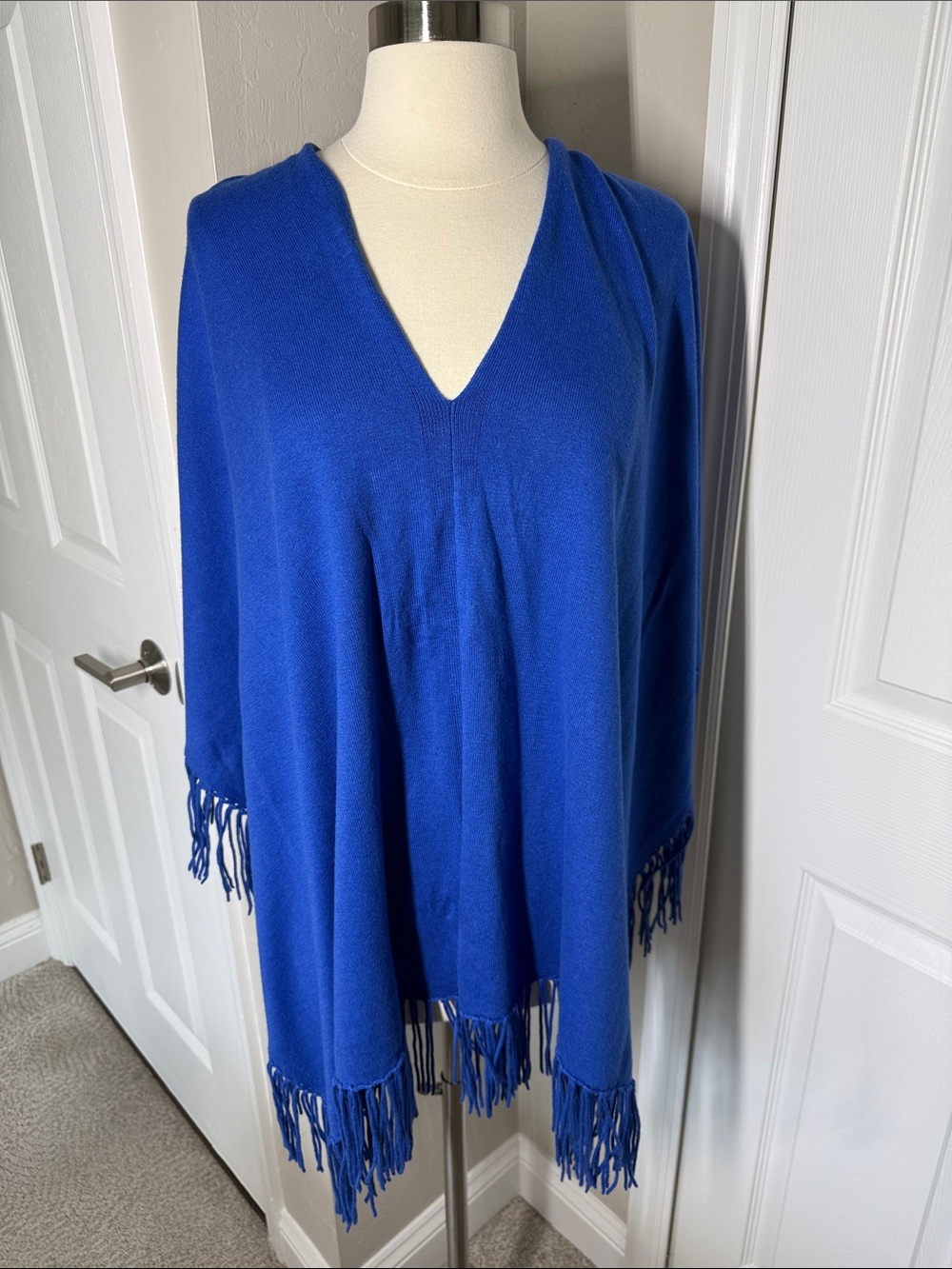 Caroline Grace cotton cashmere blend royal blue fringe pullover poncho